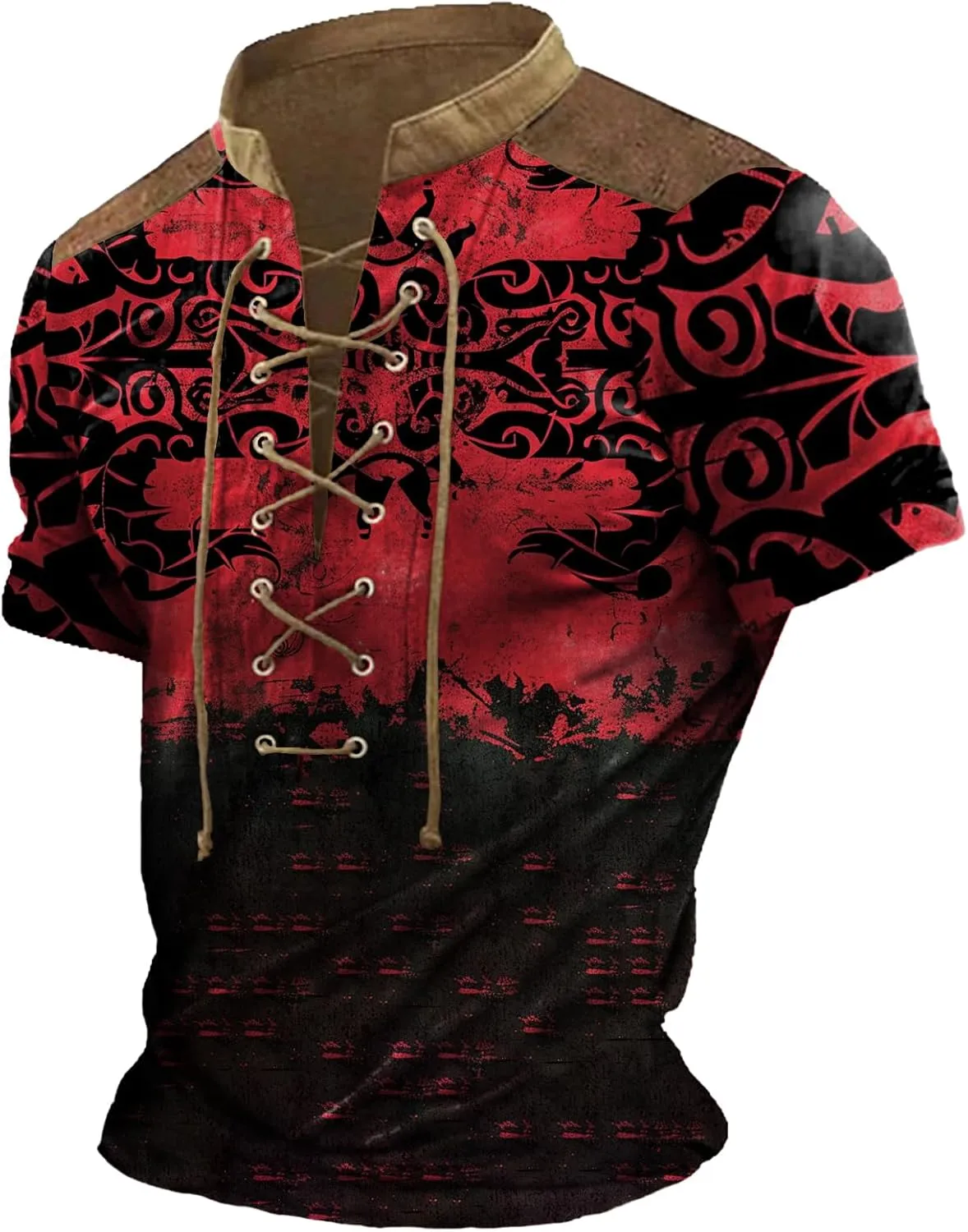 MARSVOVO Men Lace Up V Neck Short Sleeve Fashion Street Style Big and Tall Hip Hop Shirts for Men