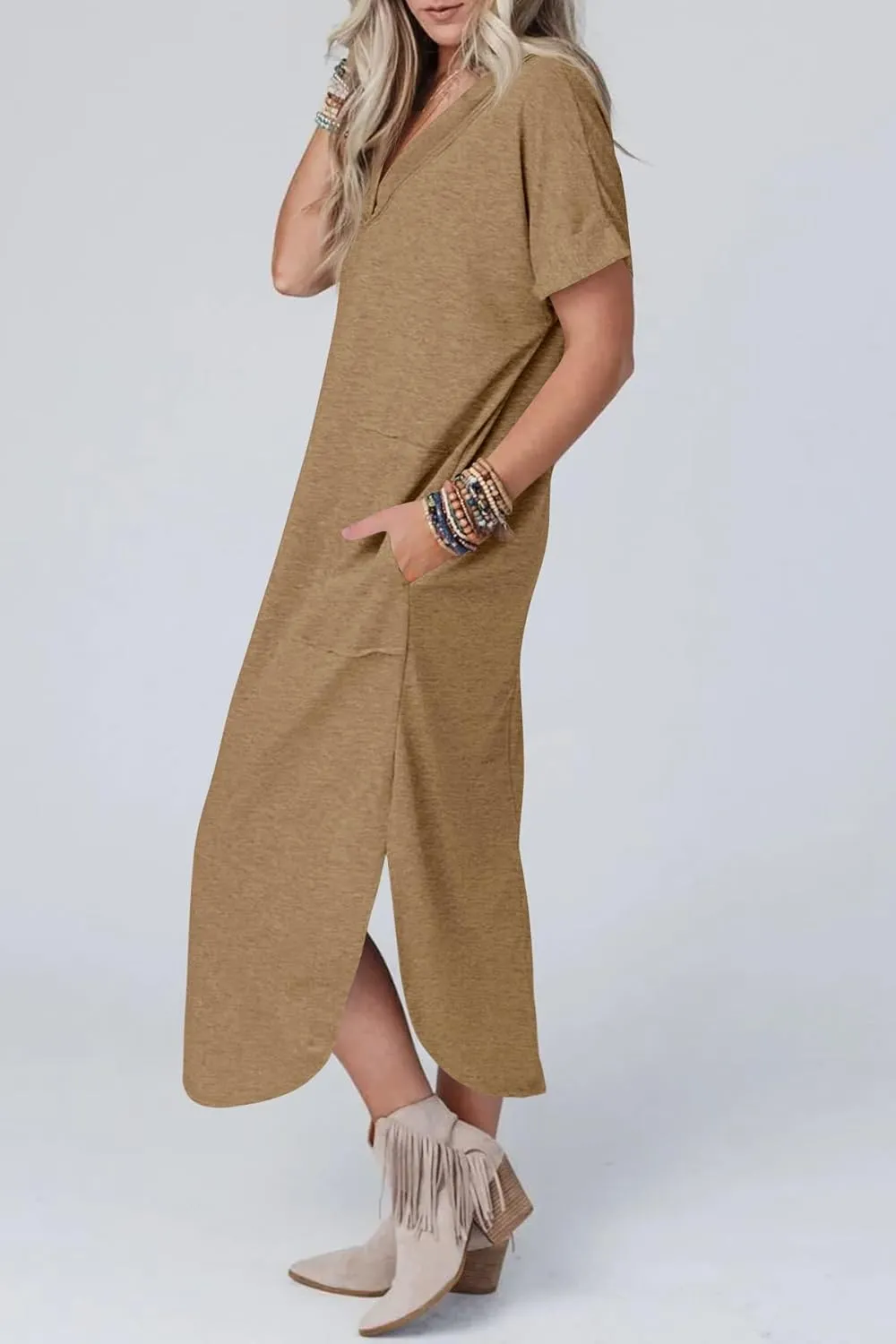 Maxi Dress for Women Summer Casual Loose Short Sleeve Long T Shirt Dress Split Beach Sundress Travel Vacation Outfits