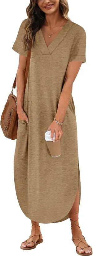 Maxi Dress for Women Summer Casual Loose Short Sleeve Long T Shirt Dress Split Beach Sundress Travel Vacation Outfits