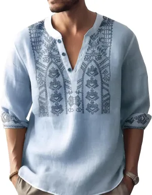 Men's 3D Printed Mandarin Collar Shirt Casual Long Sleeve Henley with Intricate Pattern