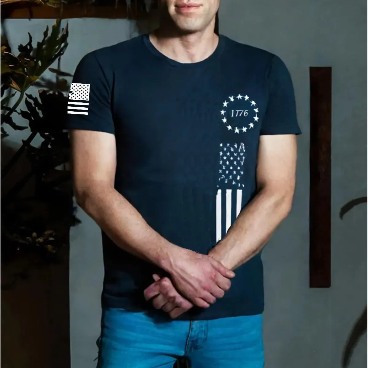 Men's American Flag Short Long Sleeve T-Shirt
