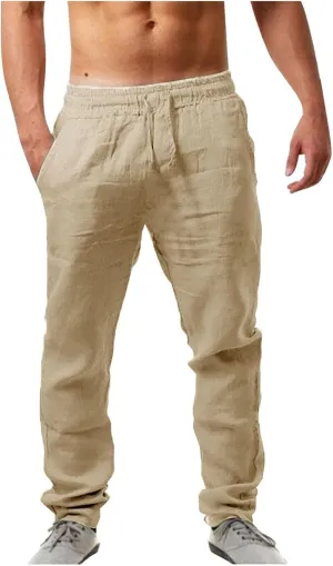 Men's Casual Linen Pants Loose Fit Elastic Drawstring Waist Straight Legs Summer Yoga Beach Long Pants 2024