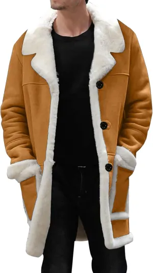 Mens Casual Sherpa Fleece Lined Jackets Winter Warm Fur Collar Long Trench Coats Big and Tall Outwears with Pockets