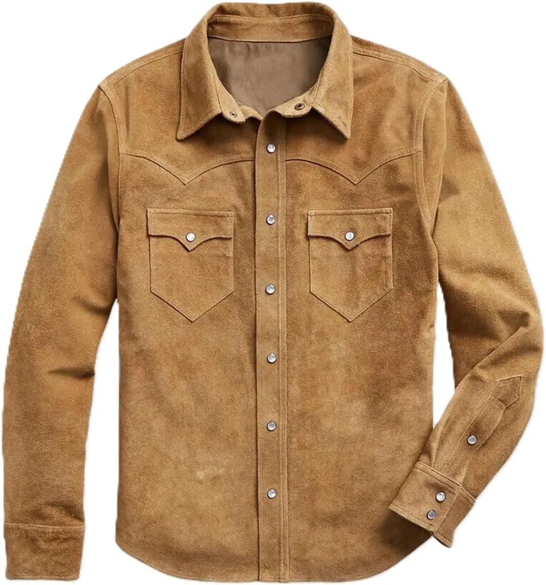 Men's Cowboy Western Soft Suede Leather Shirt - Roughout Style Suede Leather Journeyman Down Shacket Jacket
