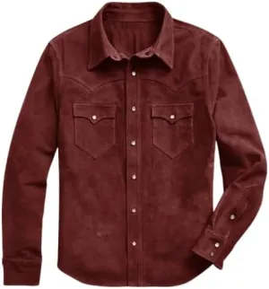 Men's Cowboy Western Soft Suede Leather Shirt - Roughout Style Suede Leather Journeyman Down Shacket Jacket