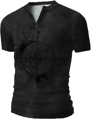 Mens Graphic T-Shirt Compass Rune Print Funny Tees for Men Summer Vintage Henley Tshirts Casual Athletic Retro Tops