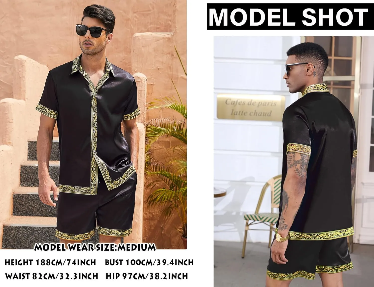 Men's Hawaiian Shirt and Short Set 2 Piece Outfits Luxury Printed Casual Button Down Short Sleeve Satin Shirt Suits