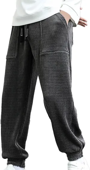 Mens Korean Corduroy Pants Casual Loose Fit Fashion Hip Hop Streetwear Chino Cargo Sweatpant Skater Pants with Pocket