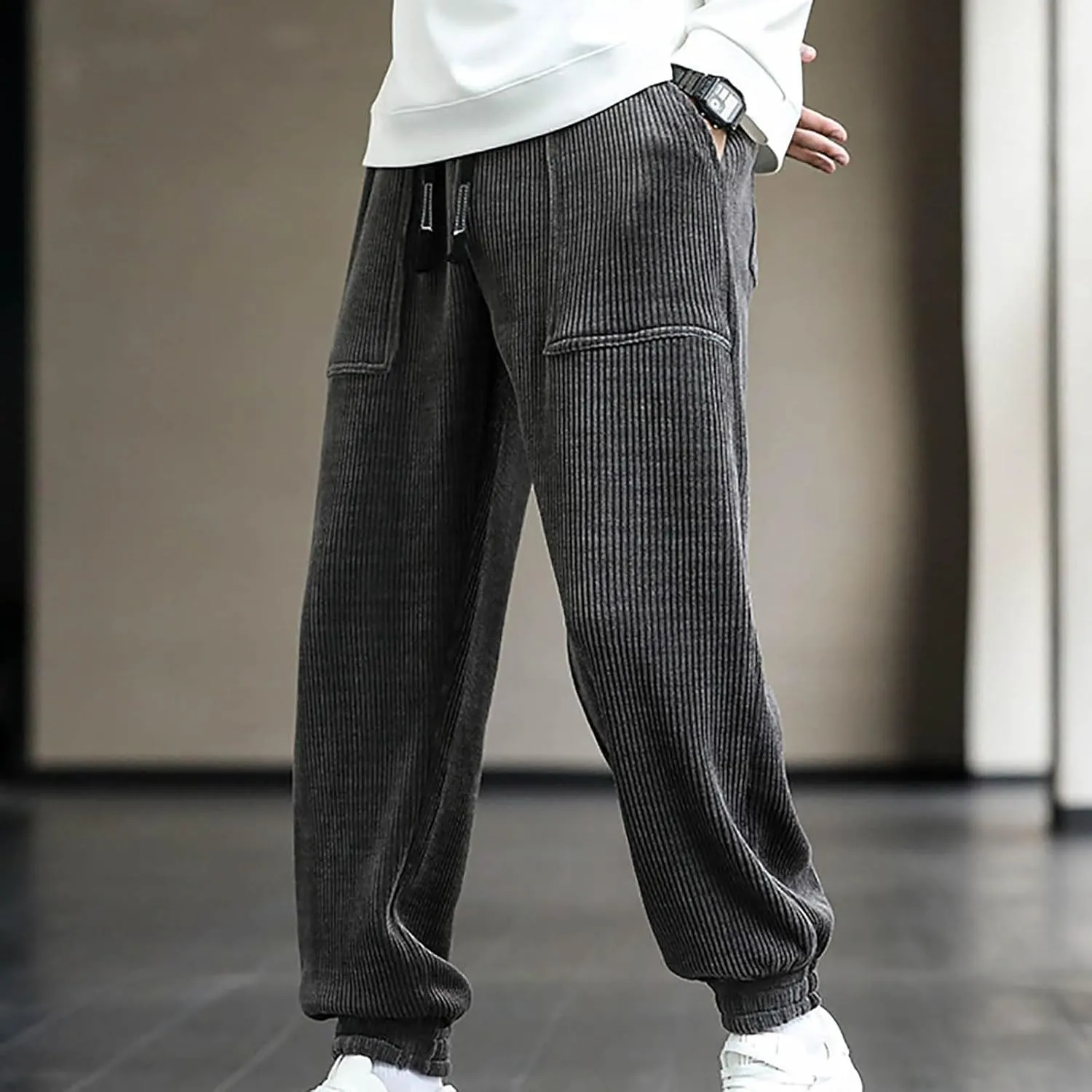 Mens Korean Corduroy Pants Casual Loose Fit Fashion Hip Hop Streetwear Chino Cargo Sweatpant Skater Pants with Pocket
