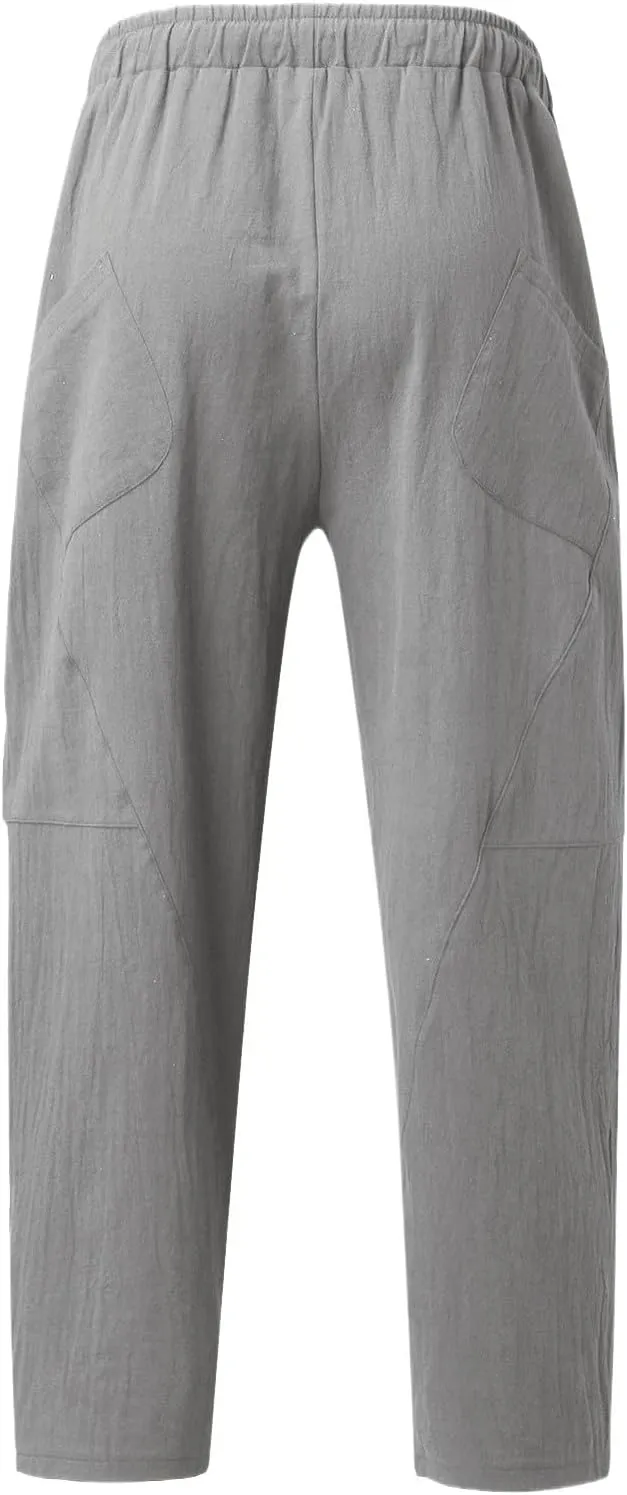 Mens Linen Beach Pants Plus Size Plain Outdoor Casual Pants Vacation Open Bottom Trousers Straight Leg Summer Slacks