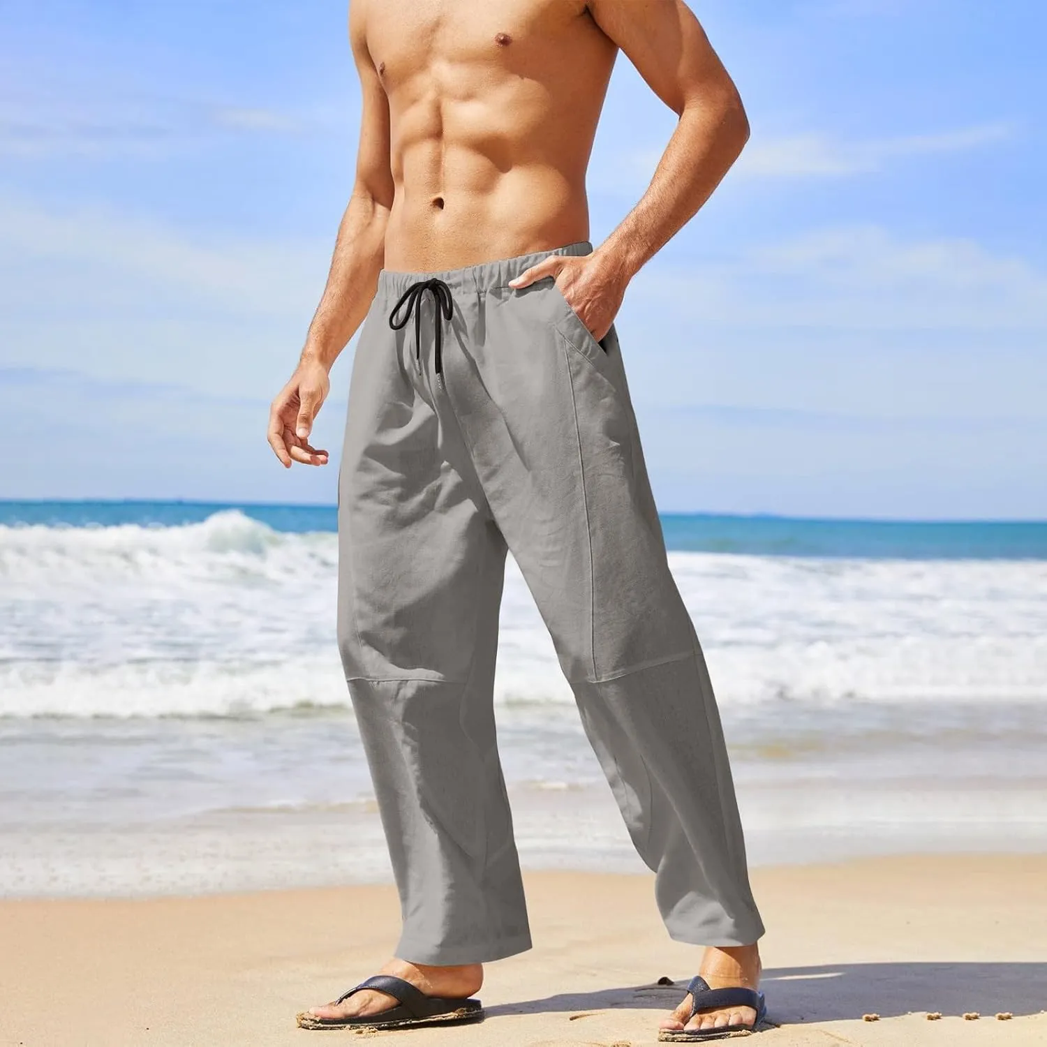 Mens Linen Beach Pants Plus Size Plain Outdoor Casual Pants Vacation Open Bottom Trousers Straight Leg Summer Slacks