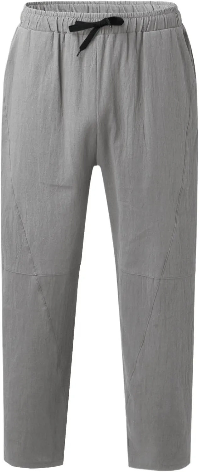 Mens Linen Beach Pants Plus Size Plain Outdoor Casual Pants Vacation Open Bottom Trousers Straight Leg Summer Slacks