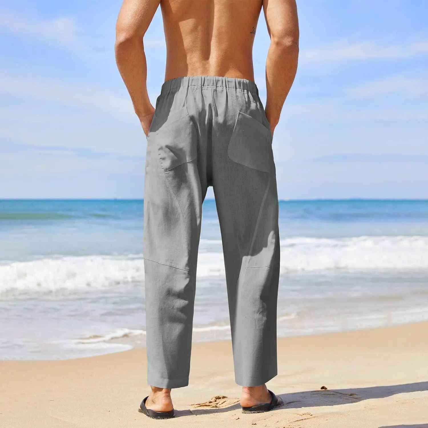 Mens Linen Beach Pants Plus Size Plain Outdoor Casual Pants Vacation Open Bottom Trousers Straight Leg Summer Slacks
