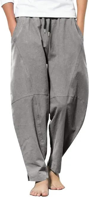 Mens Linen Beach Pants Plus Size Plain Outdoor Casual Pants Vacation Open Bottom Trousers Straight Leg Summer Slacks