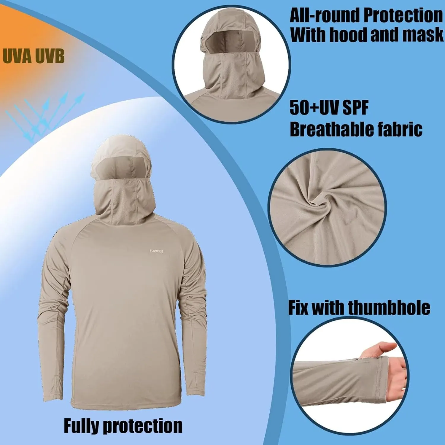 Mens Long Sleeve Sun Shirt with Hood Mask UPF SPF UV Protection for Hiking Fishing Kayaking Summer Outdoor Activities