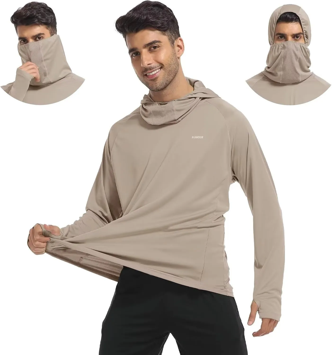 Mens Long Sleeve Sun Shirt with Hood Mask UPF SPF UV Protection for Hiking Fishing Kayaking Summer Outdoor Activities