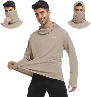Mens Long Sleeve Sun Shirt with Hood Mask UPF SPF UV Protection for Hiking Fishing Kayaking Summer Outdoor Activities