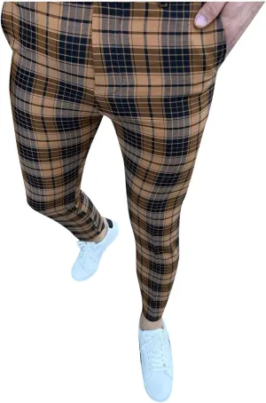Men's Plaid Dress Pants Skinny Slim Fit Tapered Pants Stretch Chino Pants Checked Office Prom Trousers with Pockets