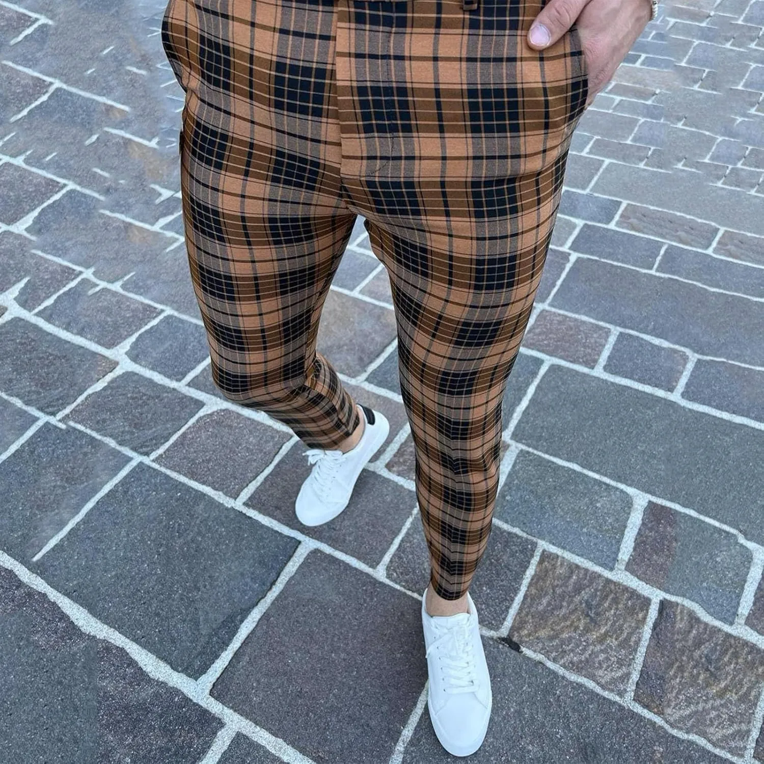 Men's Plaid Dress Pants Skinny Slim Fit Tapered Pants Stretch Chino Pants Checked Office Prom Trousers with Pockets