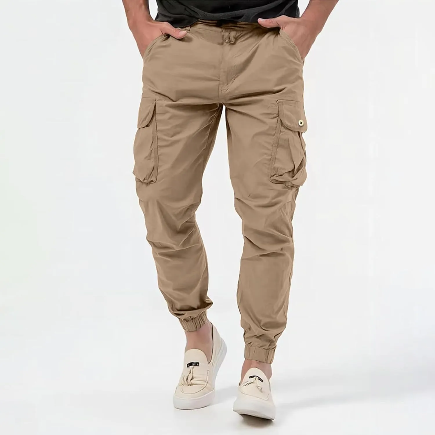Men's Stretch Cargo Pants Outdoor Hiking Tapered Pants Solid Color Slim Fit Trousers Lightweight Baggy Work Trousers