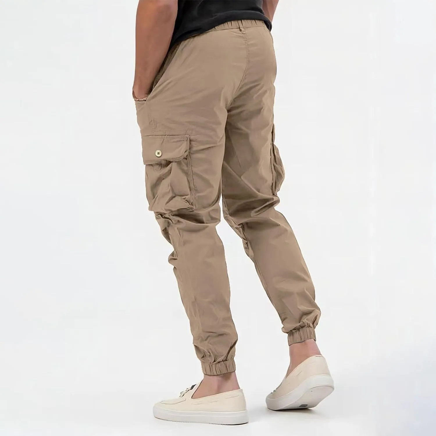 Men's Stretch Cargo Pants Outdoor Hiking Tapered Pants Solid Color Slim Fit Trousers Lightweight Baggy Work Trousers
