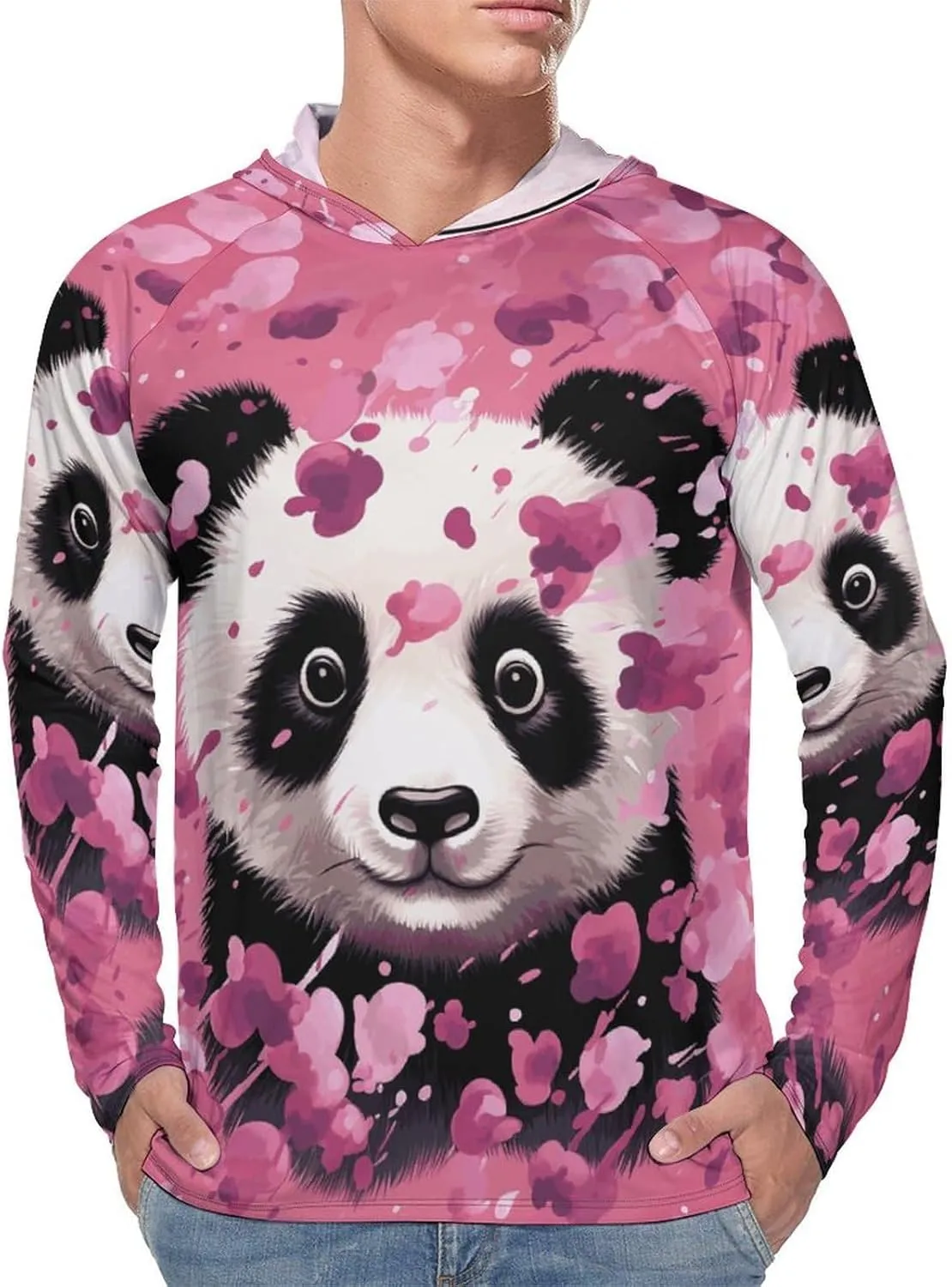Men's UPF 50  Sun Protection Hoodie Outdoor UV Shirts Pink Panda Cotton Long Sleeve Quick Dry Fishing Hiking Shirt