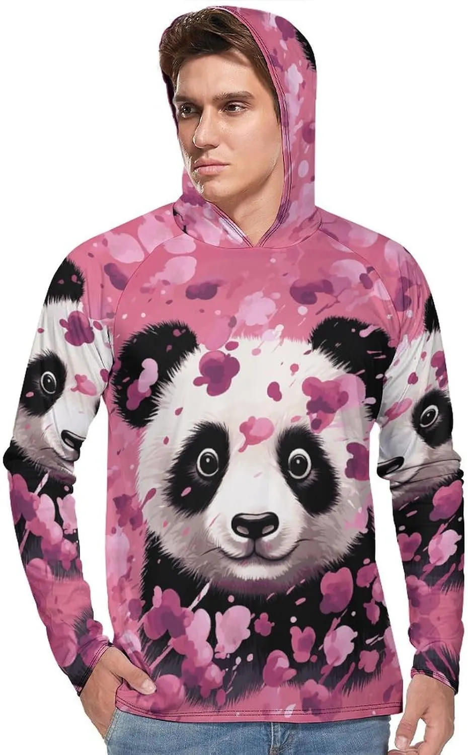 Men's UPF 50  Sun Protection Hoodie Outdoor UV Shirts Pink Panda Cotton Long Sleeve Quick Dry Fishing Hiking Shirt