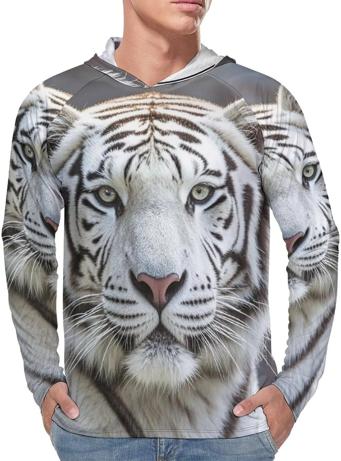 Men's UPF 50  Sun Protection Hoodie Outdoor UV Shirts White Tiger Long Sleeve Quick Dry Fishing Hiking Shirt