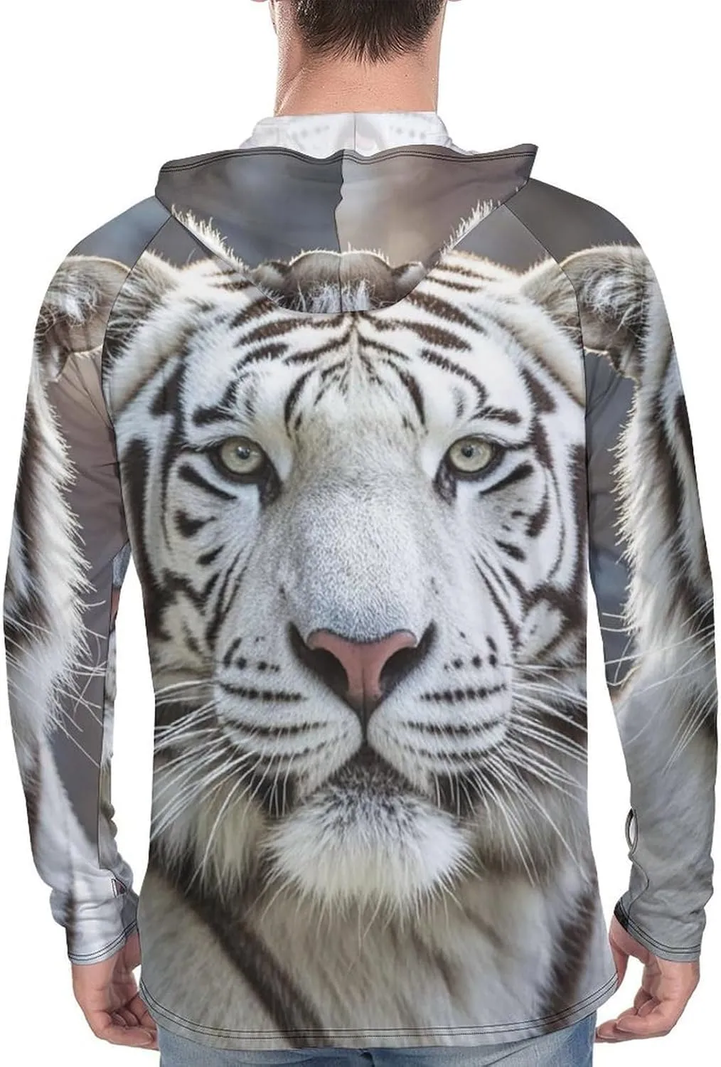 Men's UPF 50  Sun Protection Hoodie Outdoor UV Shirts White Tiger Long Sleeve Quick Dry Fishing Hiking Shirt