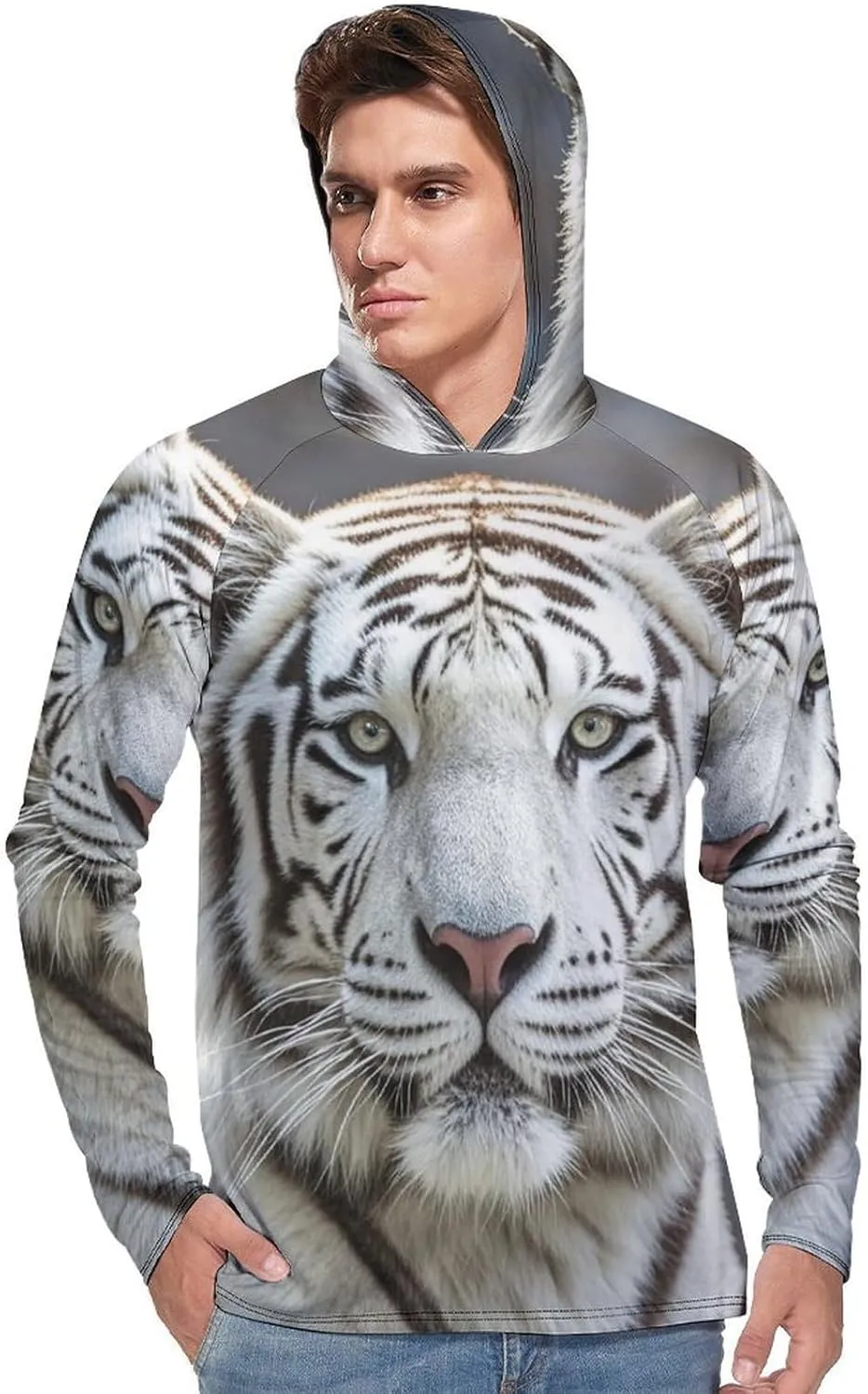 Men's UPF 50  Sun Protection Hoodie Outdoor UV Shirts White Tiger Long Sleeve Quick Dry Fishing Hiking Shirt