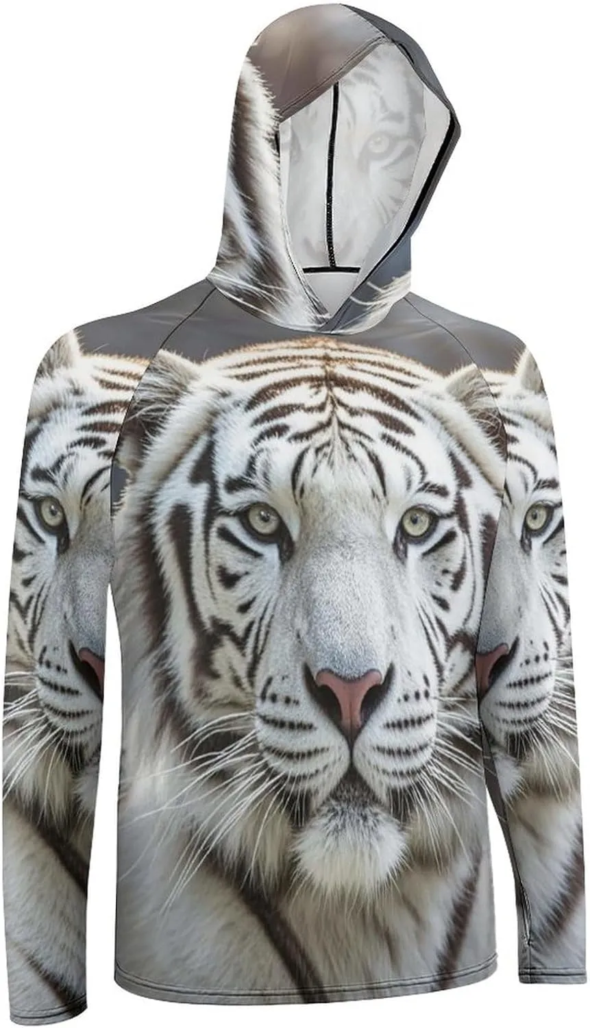 Men's UPF 50  Sun Protection Hoodie Outdoor UV Shirts White Tiger Long Sleeve Quick Dry Fishing Hiking Shirt