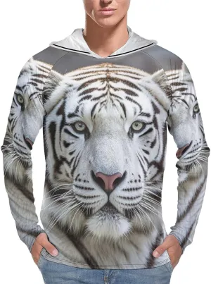 Men's UPF 50  Sun Protection Hoodie Outdoor UV Shirts White Tiger Long Sleeve Quick Dry Fishing Hiking Shirt