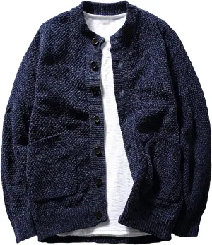 Men's Vintage Crew Neck Cardigan Sweater Long Sleeve Button Down Knitwear with Pocket Comfort Chunky Sweater Coat