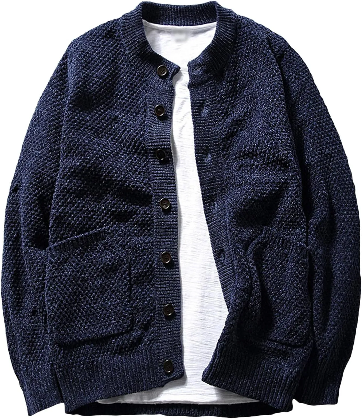 Men's Vintage Crew Neck Cardigan Sweater Long Sleeve Button Down Knitwear with Pocket Comfort Chunky Sweater Coat