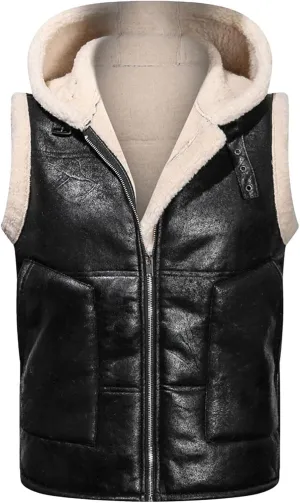 Mens Winter Vests Outerwear Hooded Fleece Lined Faux Leather Chunky Casual Vest Jacket Plus Size Coat With Pocket