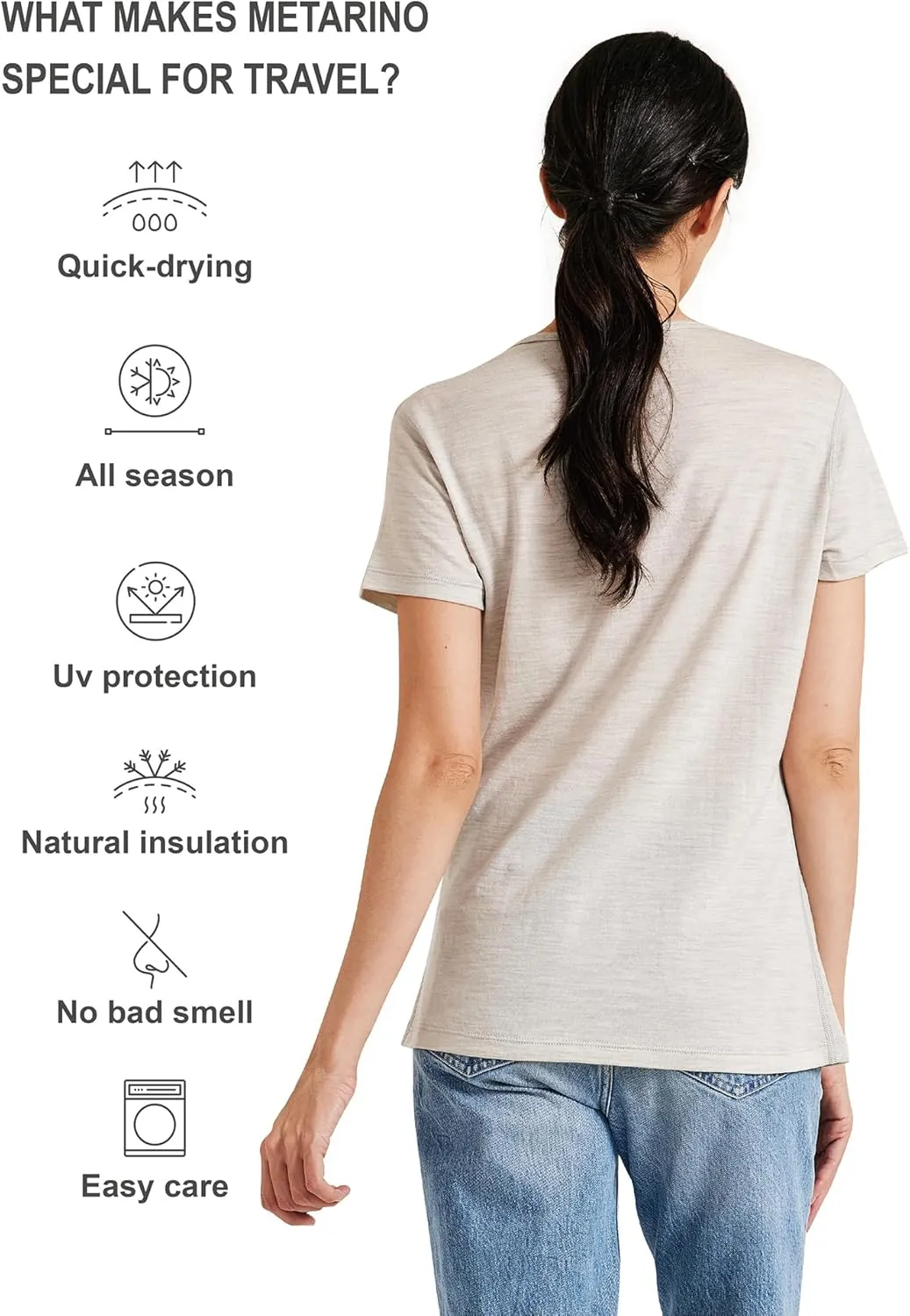 METARINO 100% Merino Wool T-Shirt Women,Short Sleeve Lightweight Crew Neck Base Layer Tee Shirt for Travel,Hiking