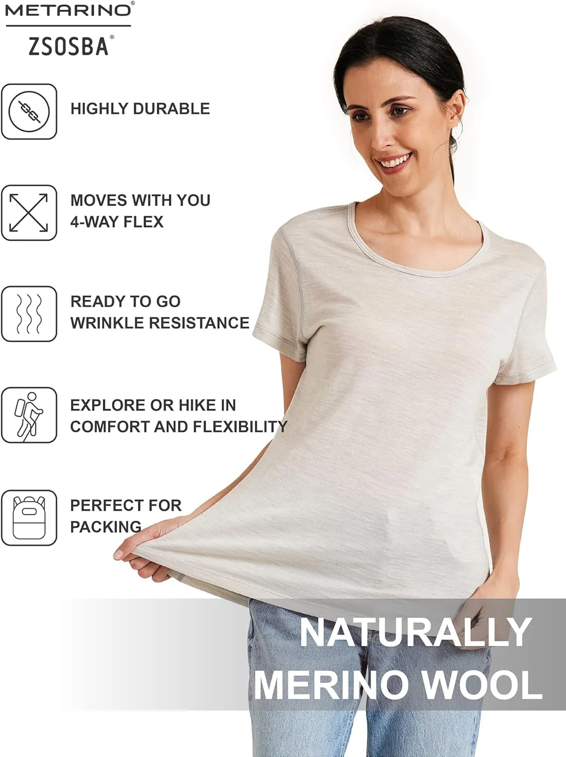 METARINO 100% Merino Wool T-Shirt Women,Short Sleeve Lightweight Crew Neck Base Layer Tee Shirt for Travel,Hiking