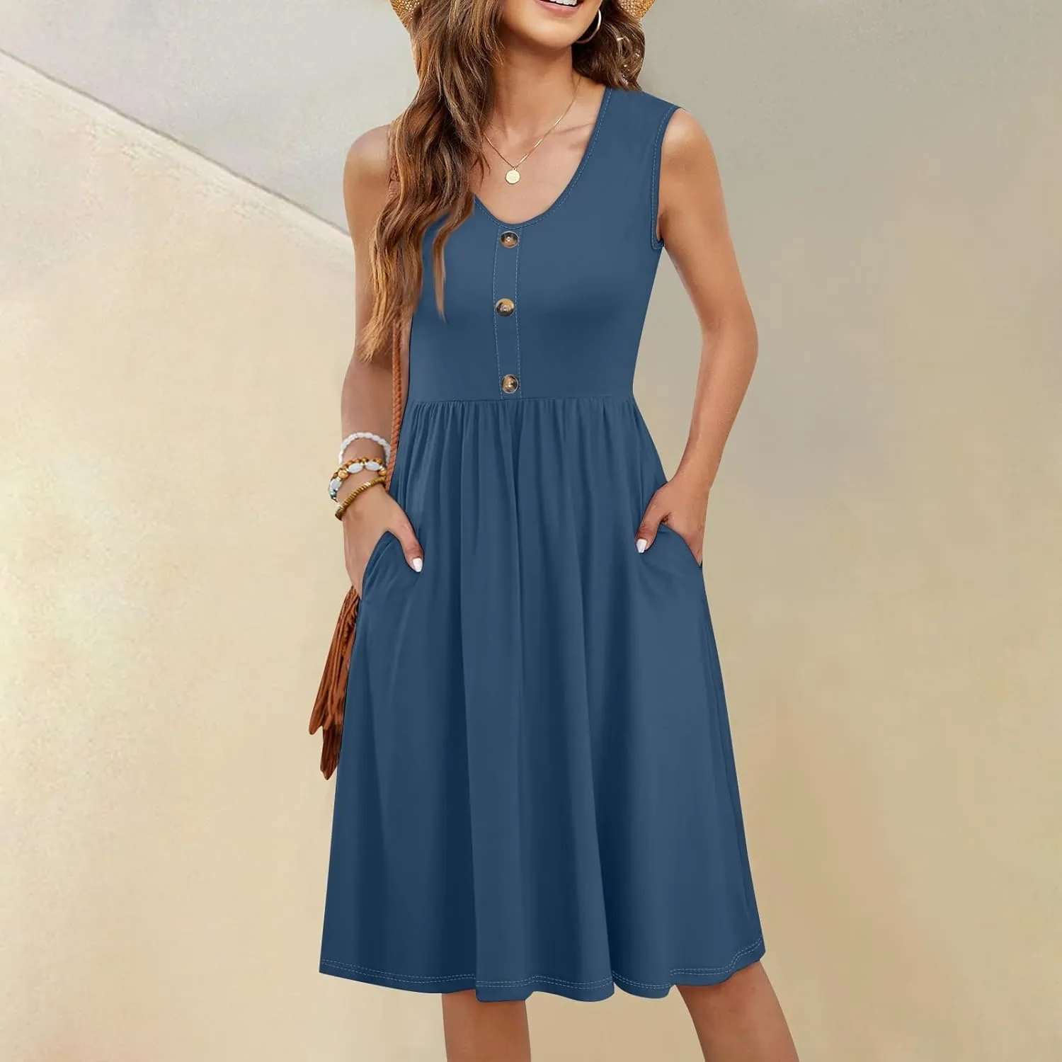 Midi Dresses for Women V Neck Button Sleeveless Tunic Sundress Summer Boho Beach Flowy A Line Tank Dress with Pockets