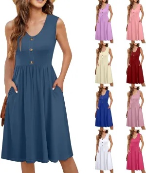 Midi Dresses for Women V Neck Button Sleeveless Tunic Sundress Summer Boho Beach Flowy A Line Tank Dress with Pockets