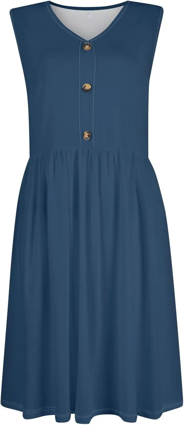 Midi Dresses for Women V Neck Button Sleeveless Tunic Sundress Summer Boho Beach Flowy A Line Tank Dress with Pockets