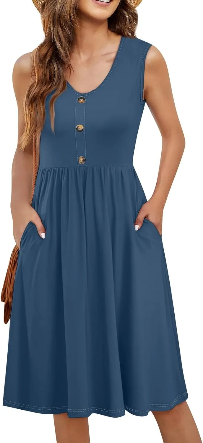 Midi Dresses for Women V Neck Button Sleeveless Tunic Sundress Summer Boho Beach Flowy A Line Tank Dress with Pockets