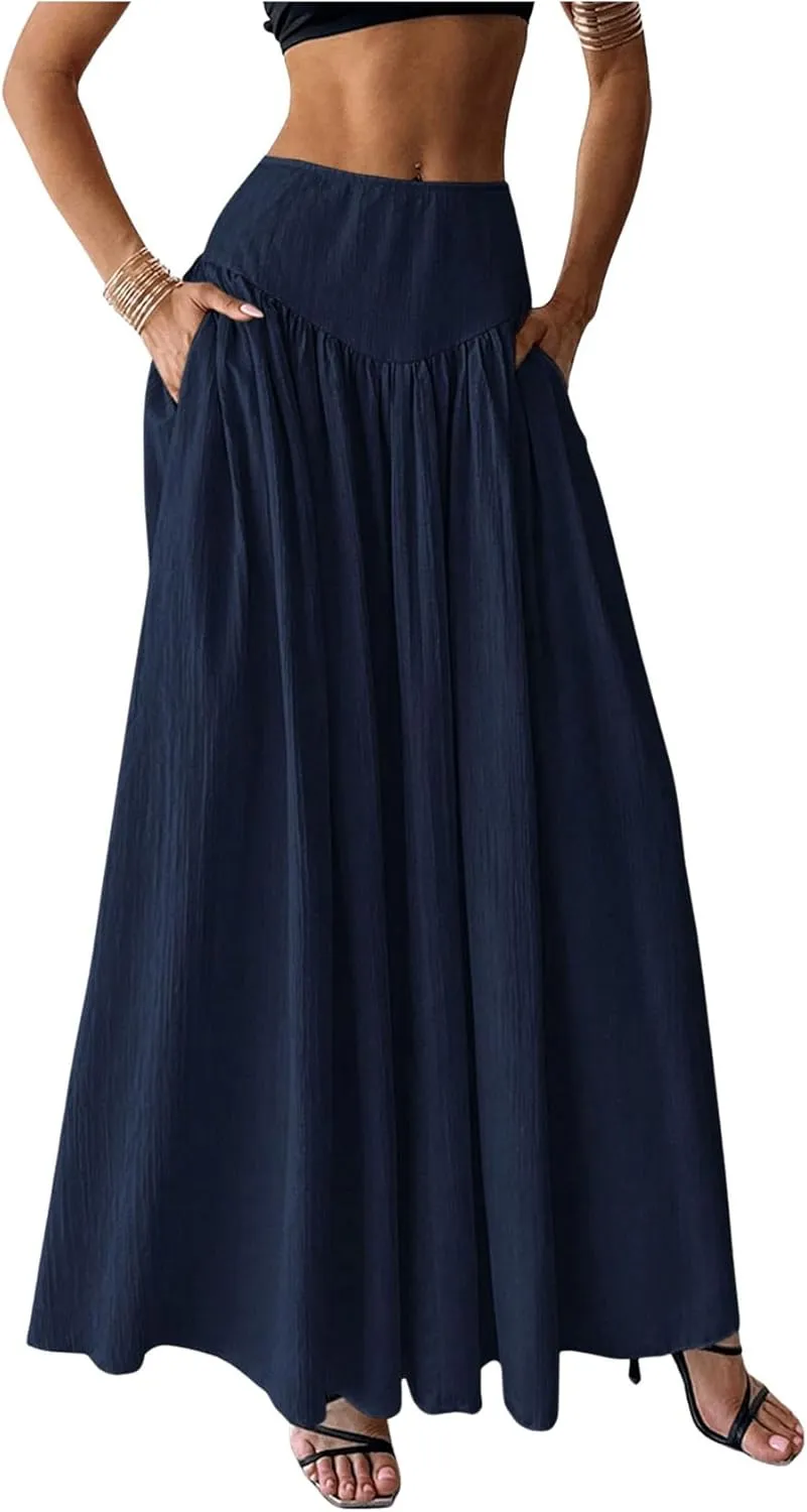 Milumia Women's Pleated Flowy Long Skirts High Waist Maxi Skirt with Pocket