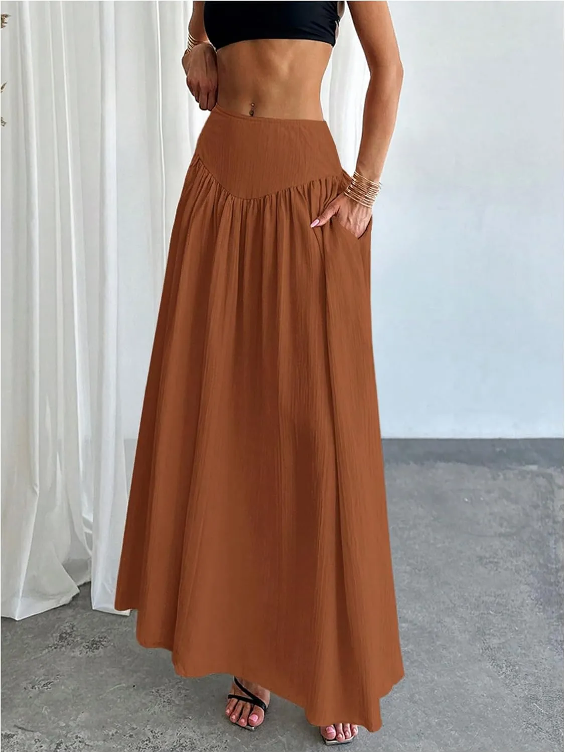 Milumia Women's Pleated Flowy Long Skirts High Waist Maxi Skirt with Pocket