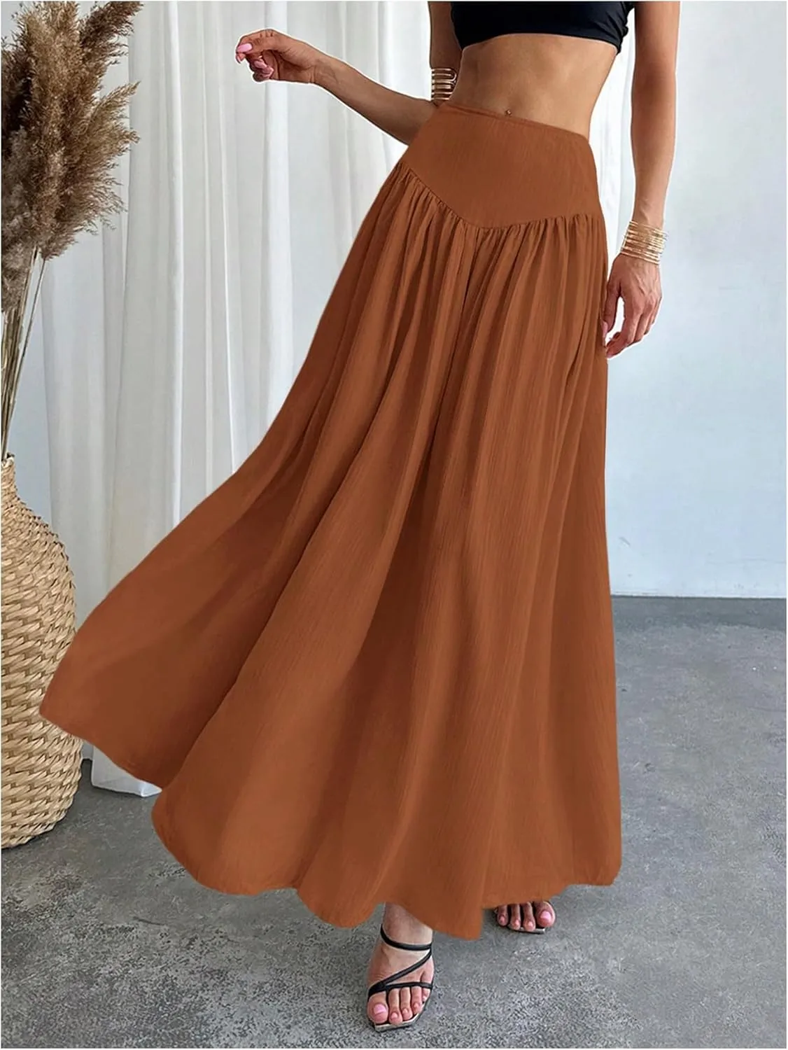 Milumia Women's Pleated Flowy Long Skirts High Waist Maxi Skirt with Pocket