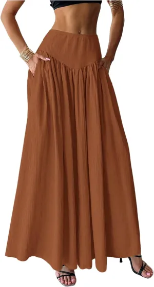 Milumia Women's Pleated Flowy Long Skirts High Waist Maxi Skirt with Pocket