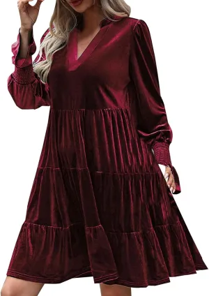 Mini Dresses for Women Women's V Neck Long Sleeve Fashion Casual A Line Ruffle Pleated Knee Length Mini Dress 2024