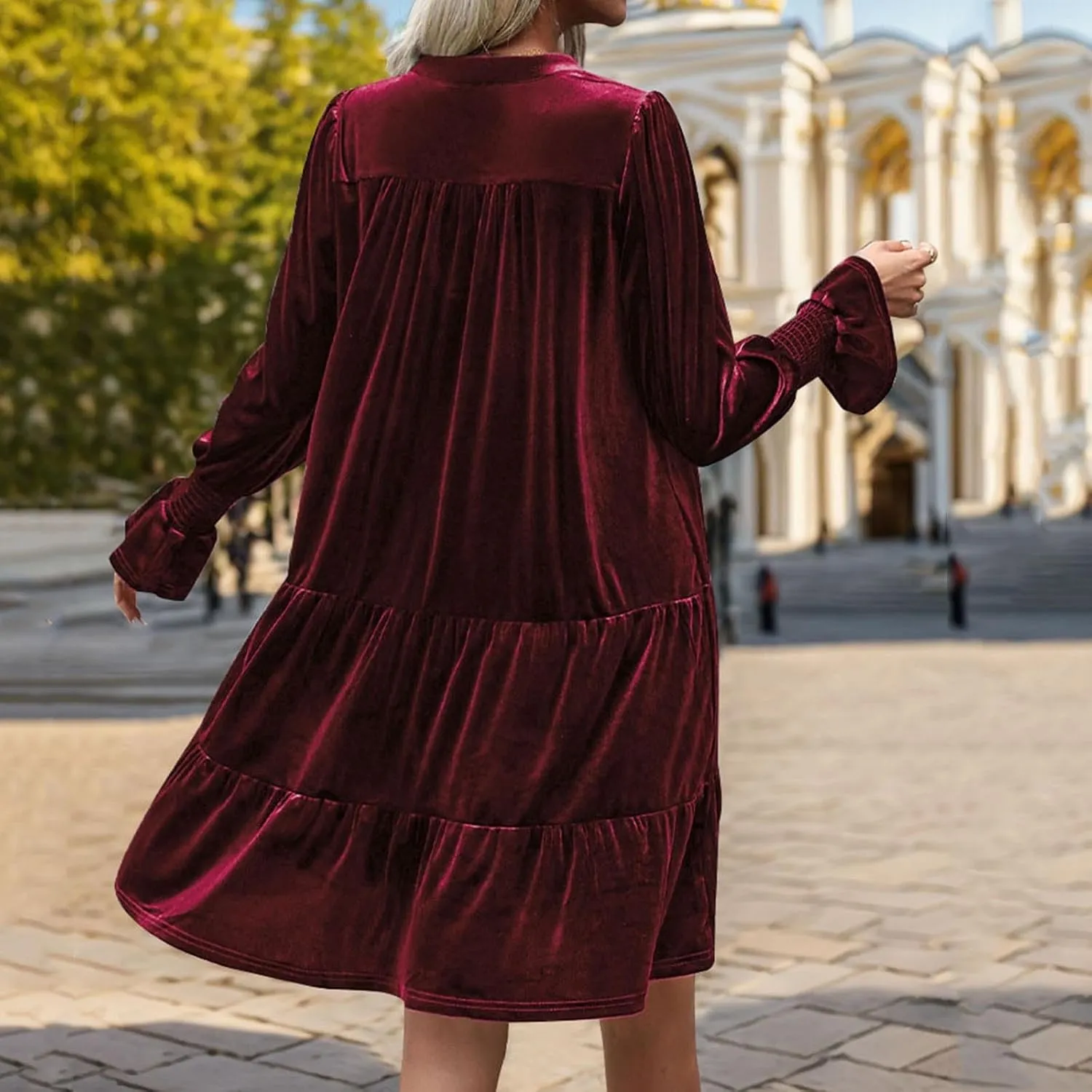 Mini Dresses for Women Women's V Neck Long Sleeve Fashion Casual A Line Ruffle Pleated Knee Length Mini Dress 2024
