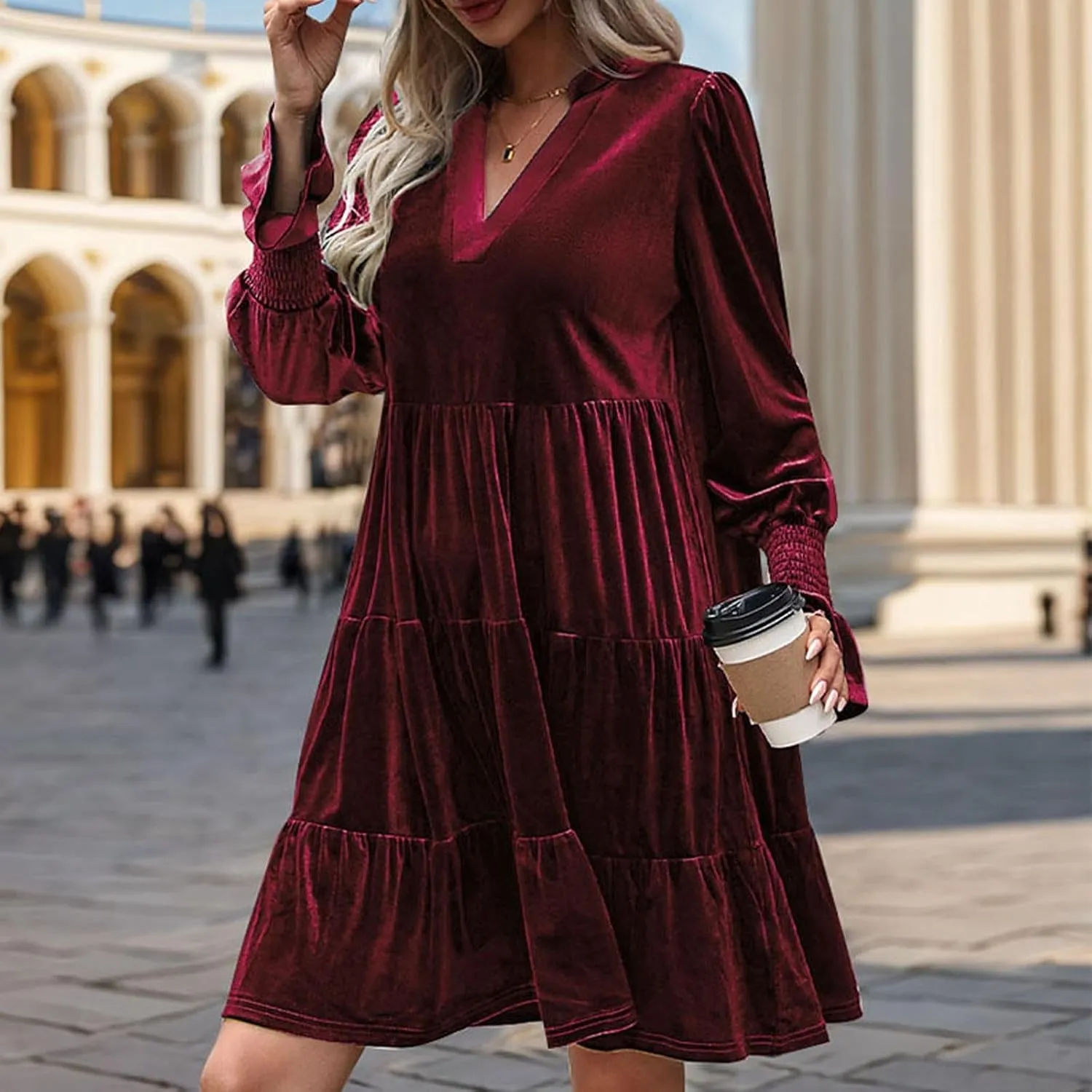 Mini Dresses for Women Women's V Neck Long Sleeve Fashion Casual A Line Ruffle Pleated Knee Length Mini Dress 2024