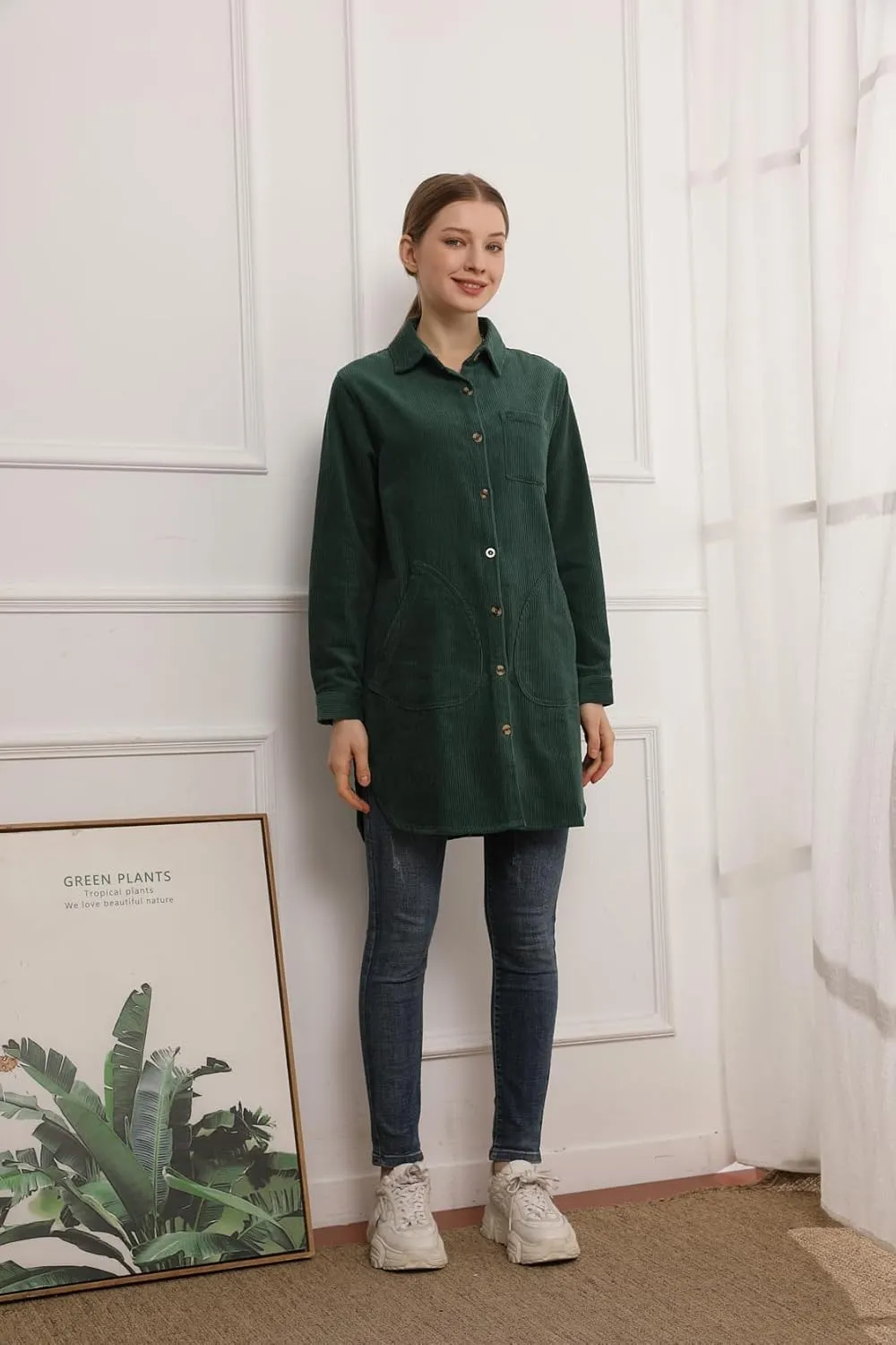 Minibee Women's Corduroy Shirt Coats Long Sleeve Button Down Blouses Tops with Pockets