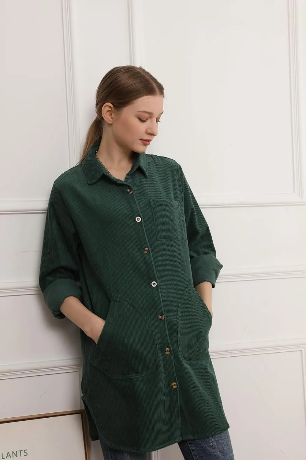 Minibee Women's Corduroy Shirt Coats Long Sleeve Button Down Blouses Tops with Pockets
